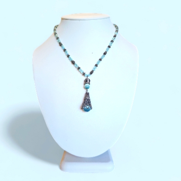 Vintage Aquamarine & Dragon Vein Agate Handcrafted Design Pendant Necklace. - Picture 5 of 7